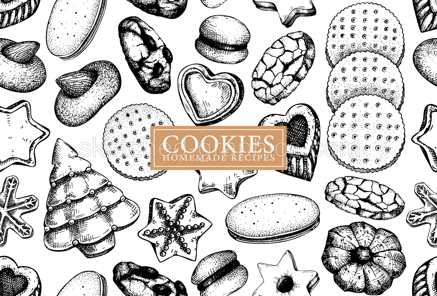 Bakery shop background design. Vector cookies seamless pattern. Italian pastry sketches. Cookies with almond, chocolate, jam, crackers, chips hand drawn illustrations for logo, print, banner, packages Illustration